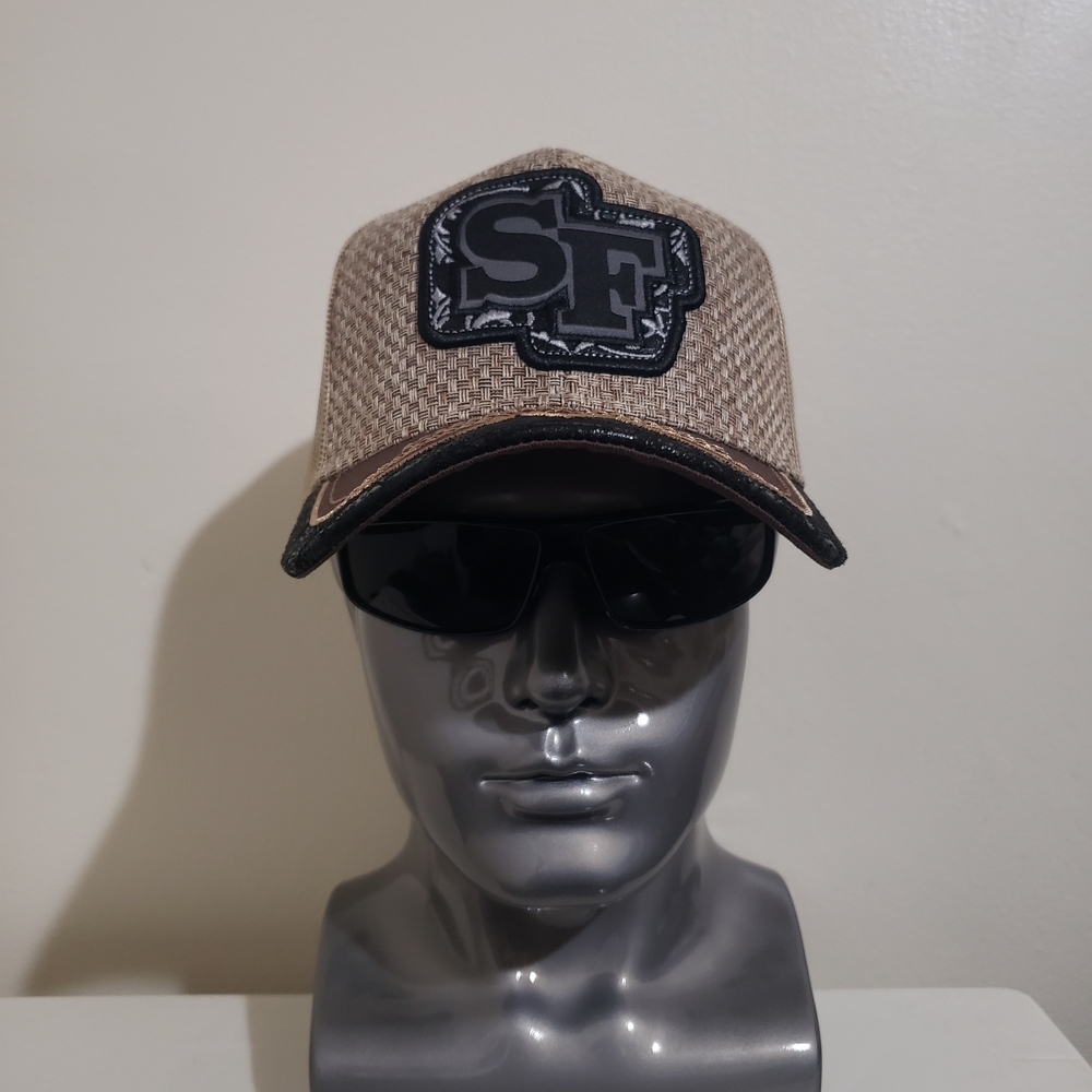 Tan SF Patch Trucker Hat with Black Trim